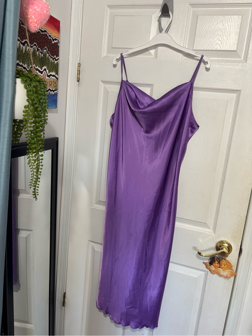 bebe Violet Satin Cowl Midi Slip Dress